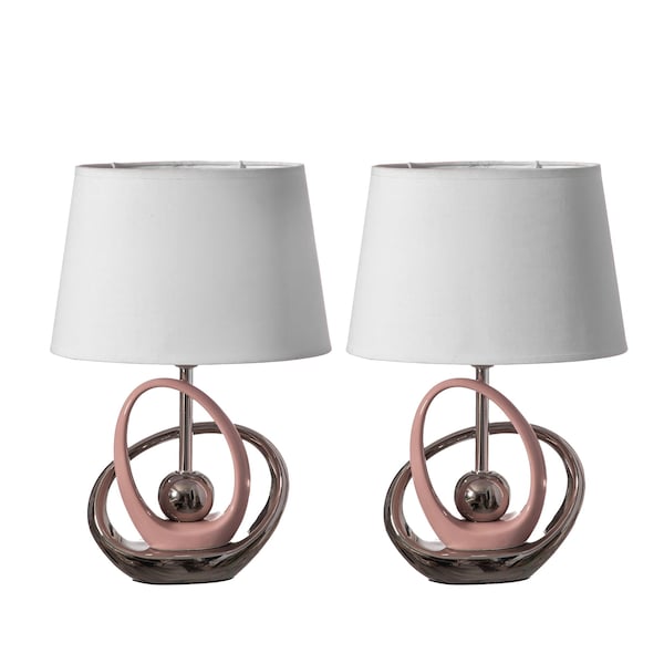 Quickway Imports 16-in. Ceramic Table Lamp, w/Silver and Pink Circular Stand and White Cotton Lampshade, 2PK QI004587.2 - main